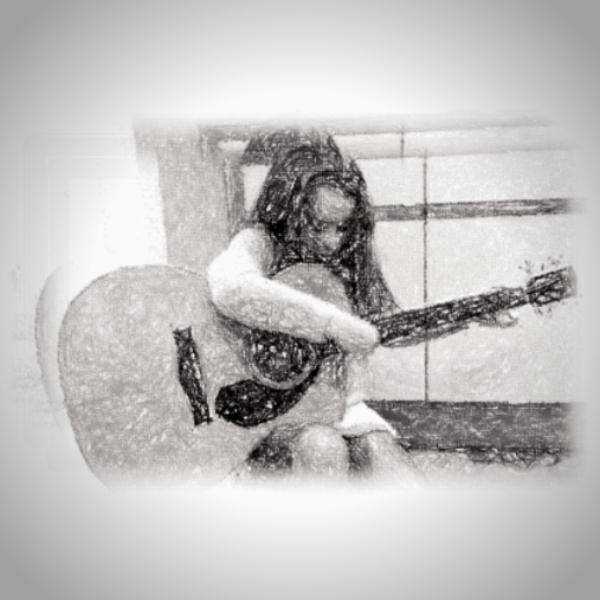Pencil drawing of a young girl playing a guitar